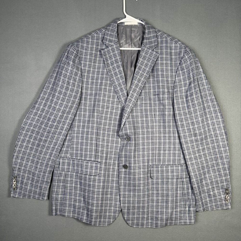 Lauren Ralph Lauren 100% Linen Plaid Blazer Mens 46R Blue Grey Sport Coat